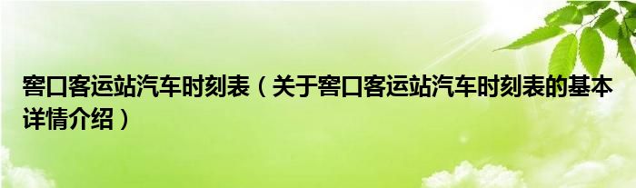 窖口客运站汽车时刻表（关于窖口客运站汽车时刻表的基本详情介绍）