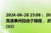 2024-06-28 15:08： 2024年6月28日14时35分，S35阜溧高速泰州段由于降雨， 淤溪枢纽至高港限速80公里/小时。 ​​​