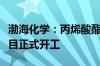 渤海化学：丙烯酸酯和高吸水性树脂新材料项目正式开工